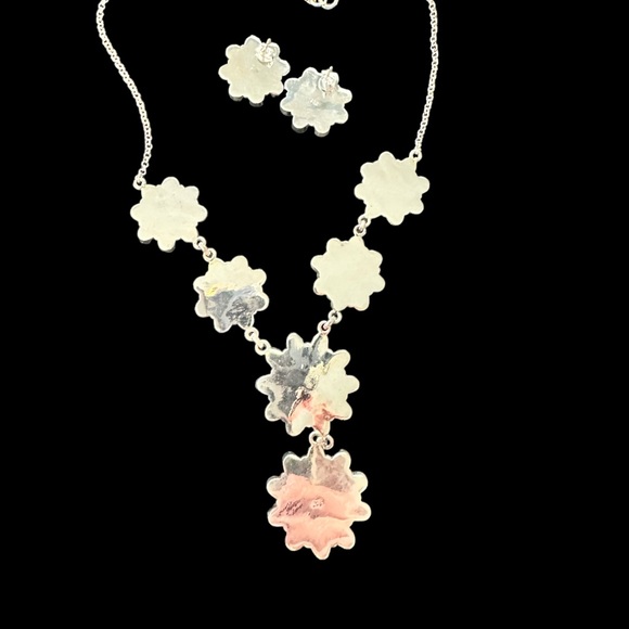 Green Aurora Opals & Black Onyx in Solid Sterling Silver Necklace & Earring Set - Picture 10 of 14